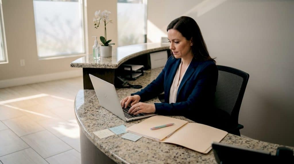 Coordinator working at medspa reception desk