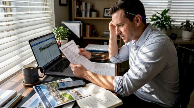 Real estate agent at desk reviewing checklist
