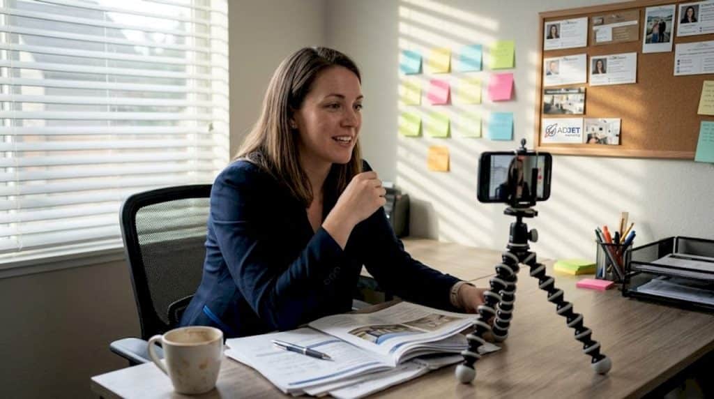 Agent filming video at home office desk