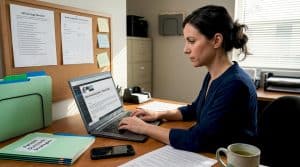 Healthcare marketer working at clinic desk