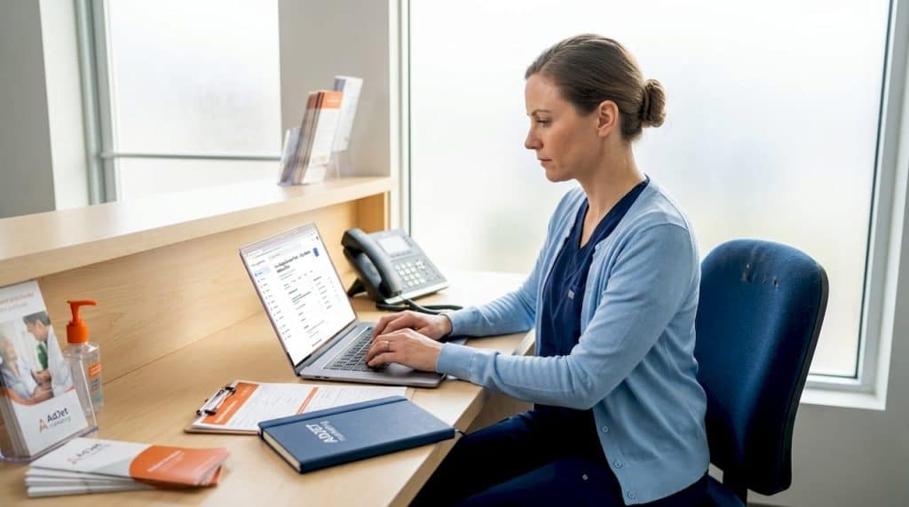 Clinic manager checking local SEO in office