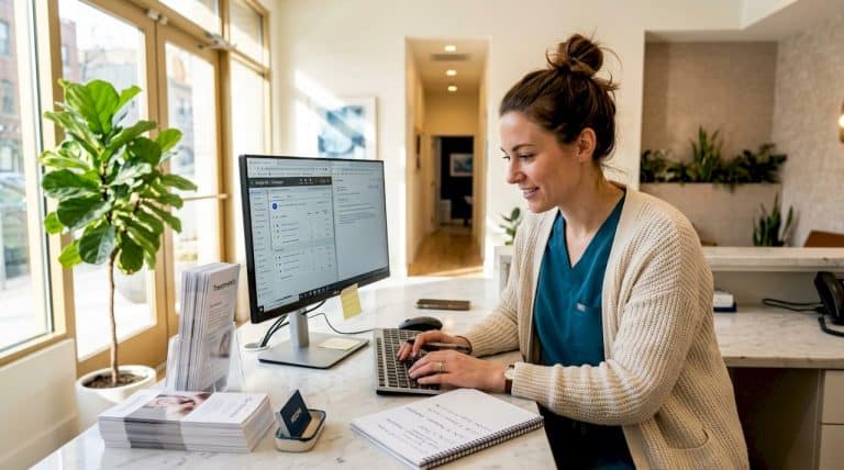 Receptionist manages Google Ads at aesthetic clinic front desk