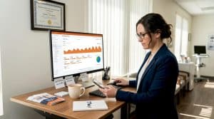 Clinic administrator reviews digital marketing reports