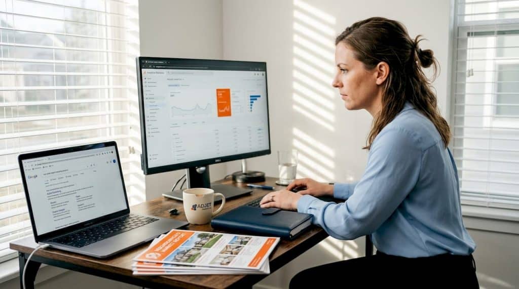 Agent reviews SEO results in home office
