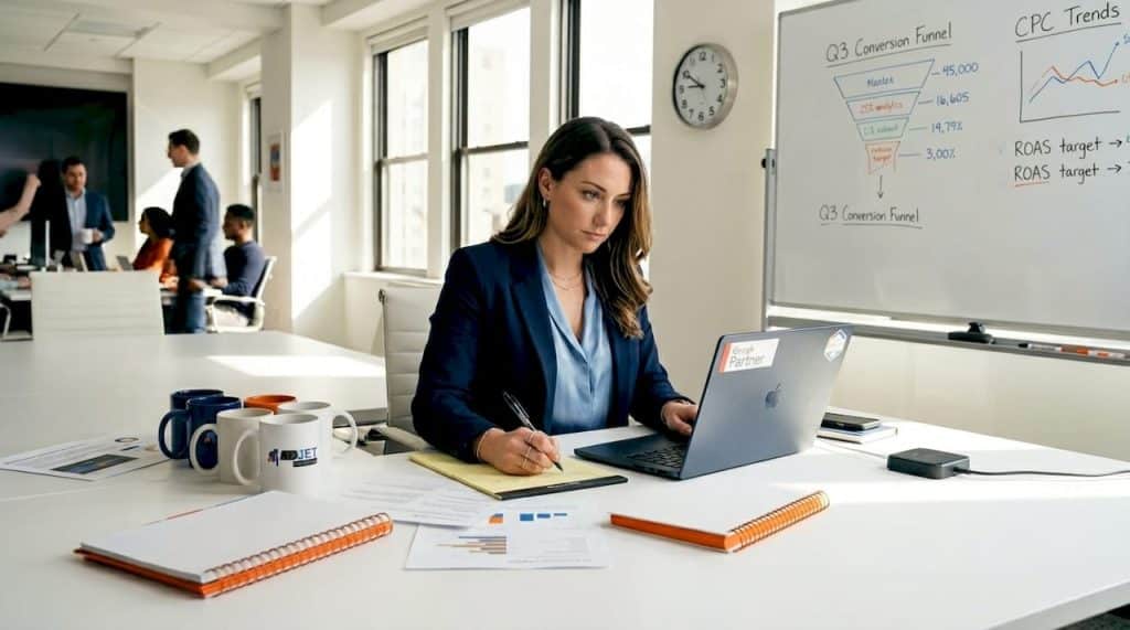 Strategist working at conference table with Google Partner badge