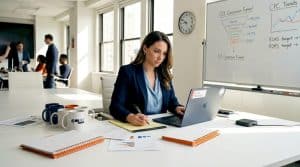 Strategist working at conference table with Google Partner badge