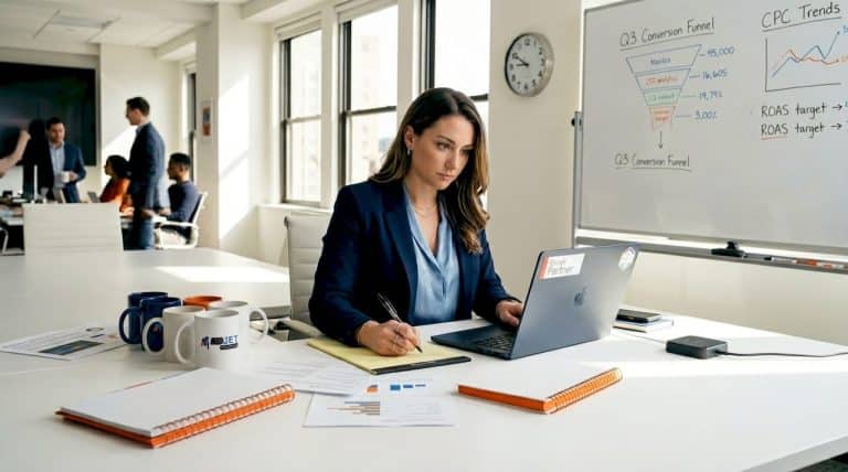 Strategist working at conference table with Google Partner badge