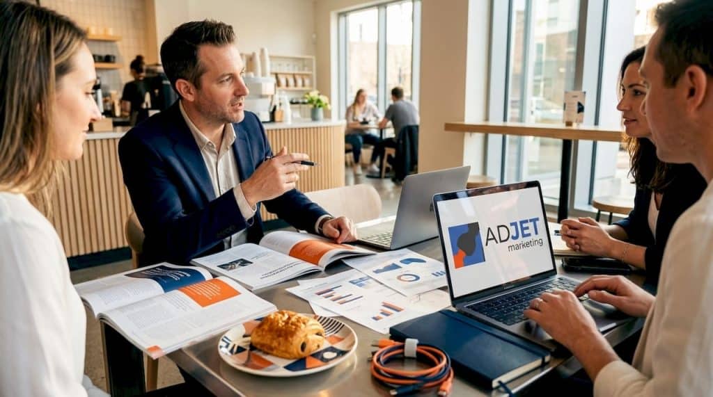Marketing team in busy digital agency workspace