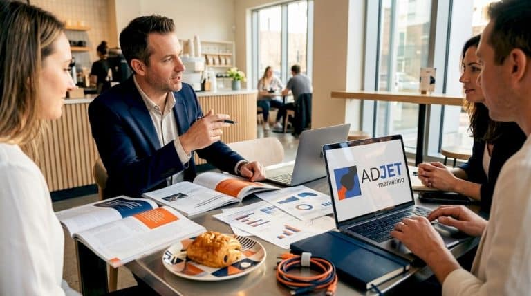 Marketing team in busy digital agency workspace
