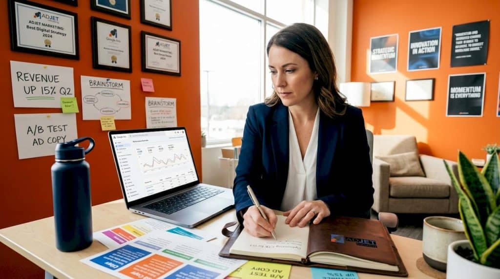 Marketing manager reviews Google Ads for dispensary