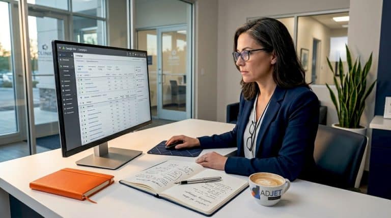 Marketing manager analyzing Google Ads in clinic office