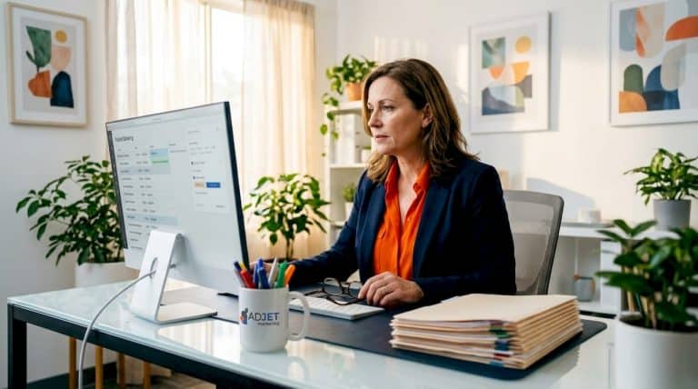 Clinic owner reviewing patient bookings at desk