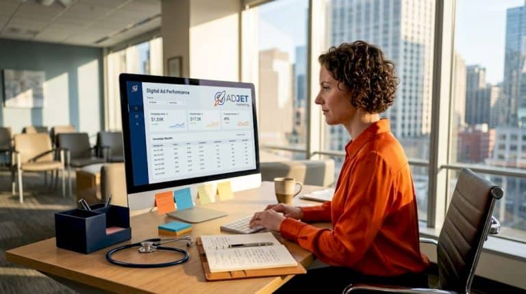 Clinic administrator reviewing digital ad dashboard