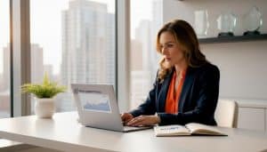 Medspa manager at desk reviewing analytics