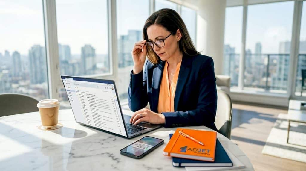 Real estate agent reviewing digital leads at desk