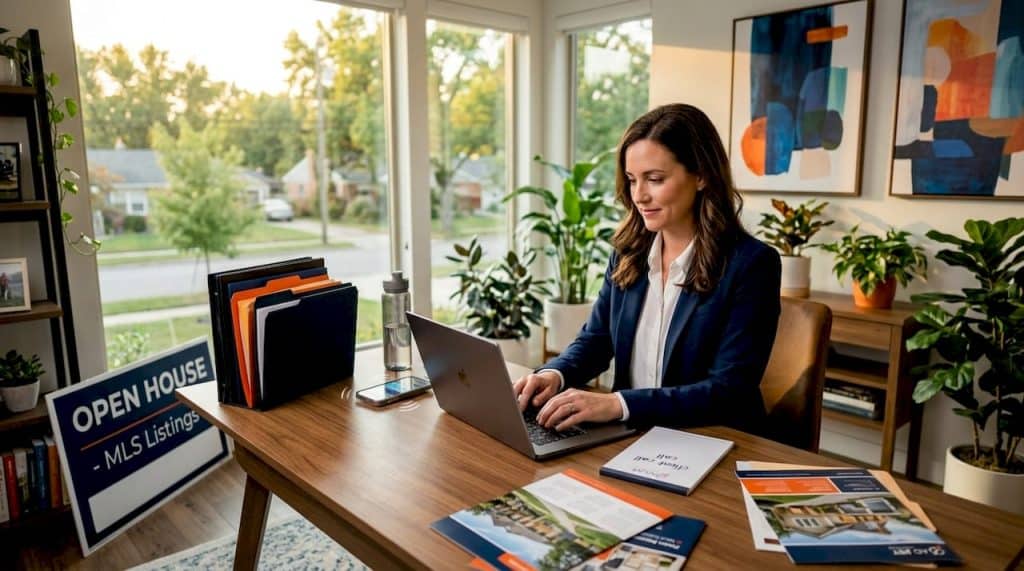Real estate agent working at city office desk
