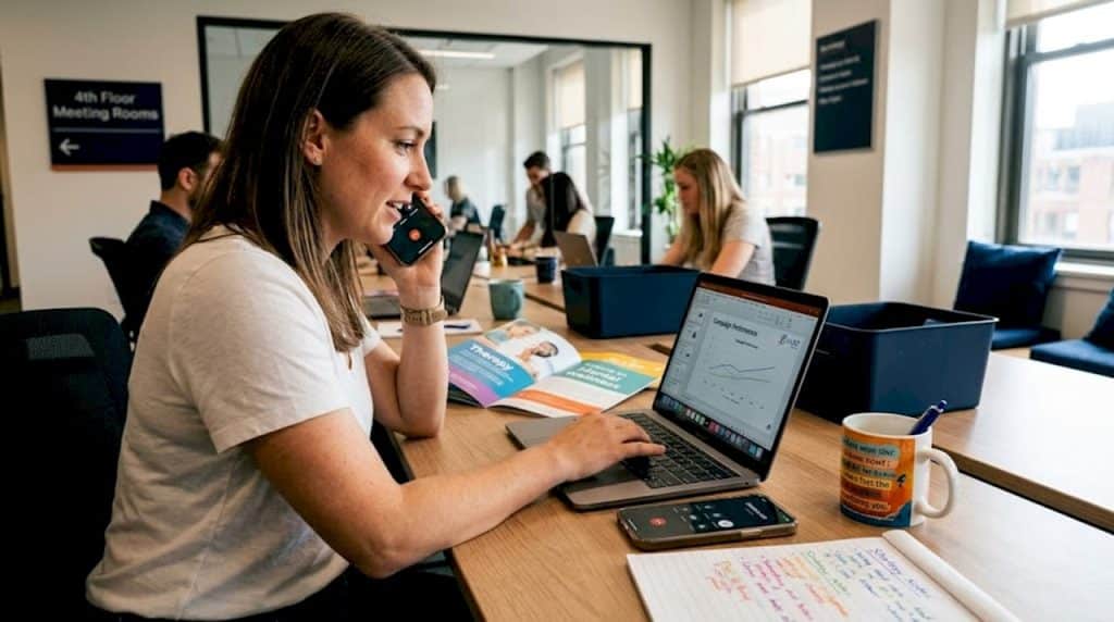 Counseling marketing consultant working in sunny agency office