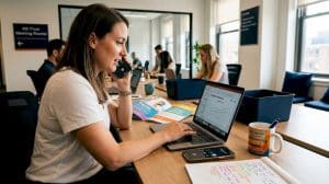 Counseling marketing consultant working in sunny agency office