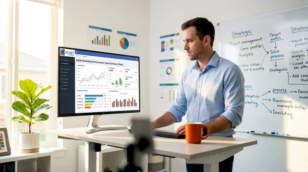 Marketing manager reviewing home services leads dashboard