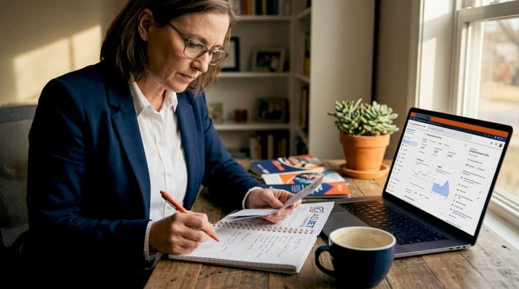 Therapist reviewing marketing materials at home office desk