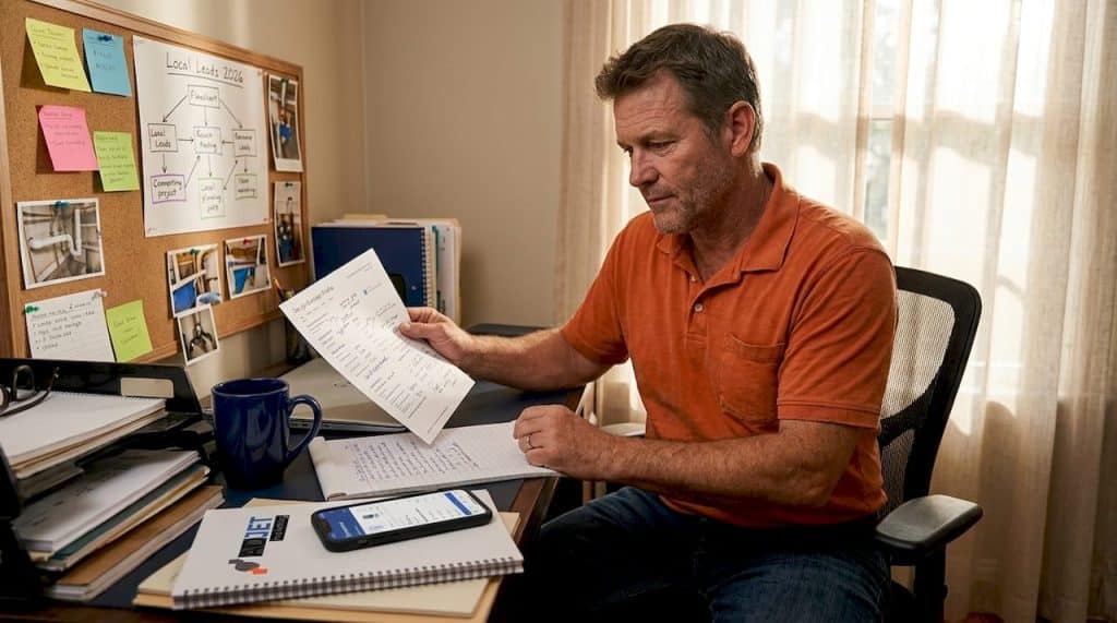 Plumber reviewing local SEO report at desk