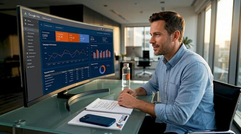 Digital marketer analyzing Google Ads data in office