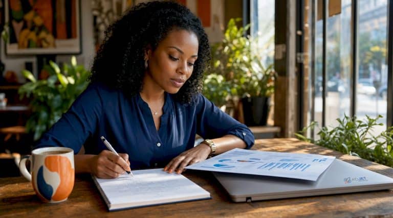 Marketing specialist reviewing roofing campaign reports