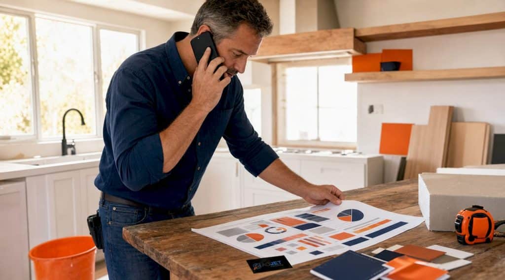 Contractor working on digital marketing at home office