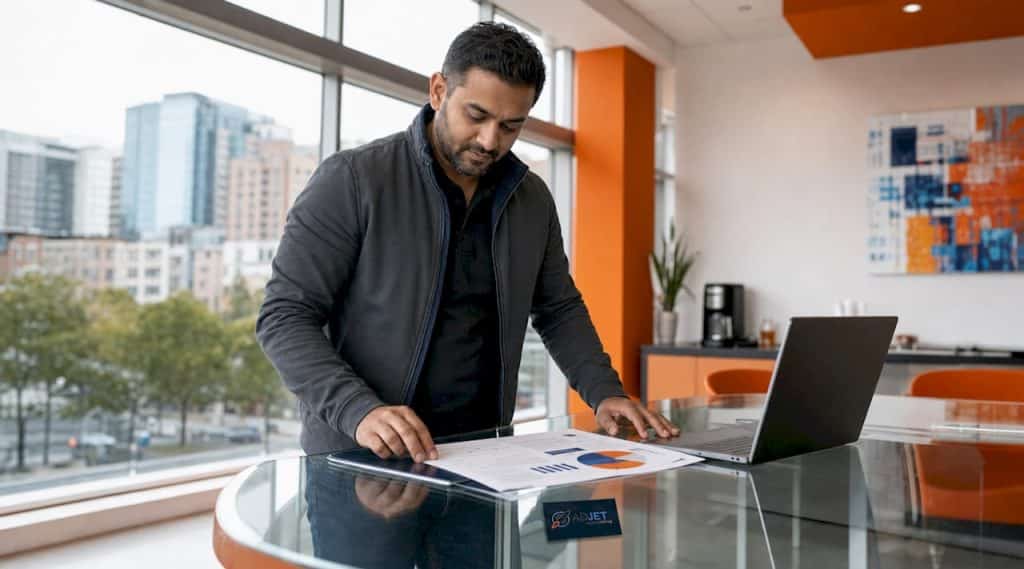 HVAC contractor reviewing marketing documents at desk