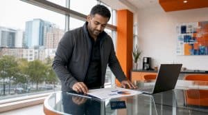 HVAC contractor reviewing marketing documents at desk
