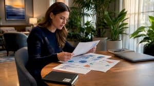 Marketing manager reviewing pain clinic strategy documents