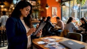 Healthcare marketer reviewing data on tablet