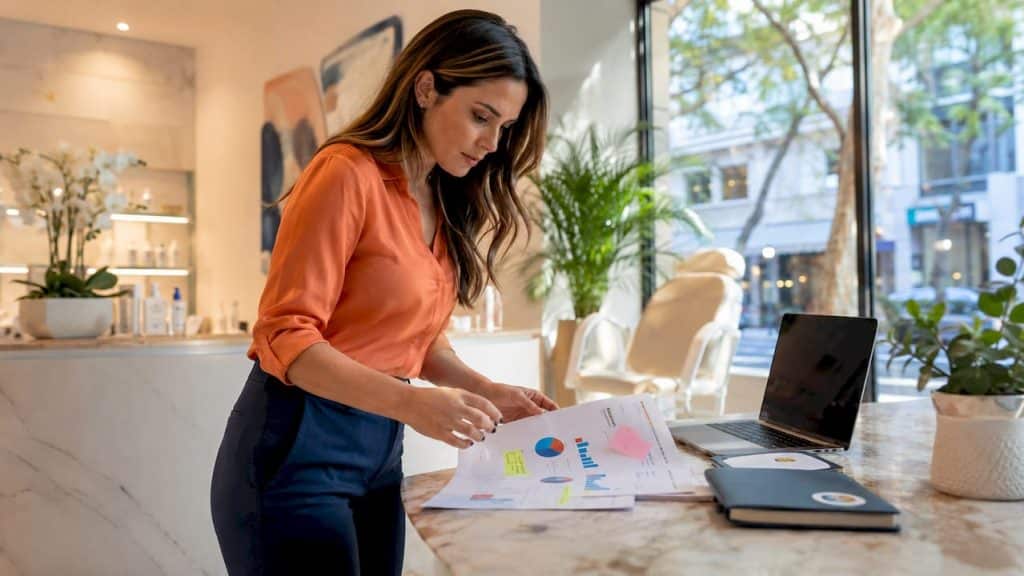 Marketing consultant reviewing SEO report in medical office