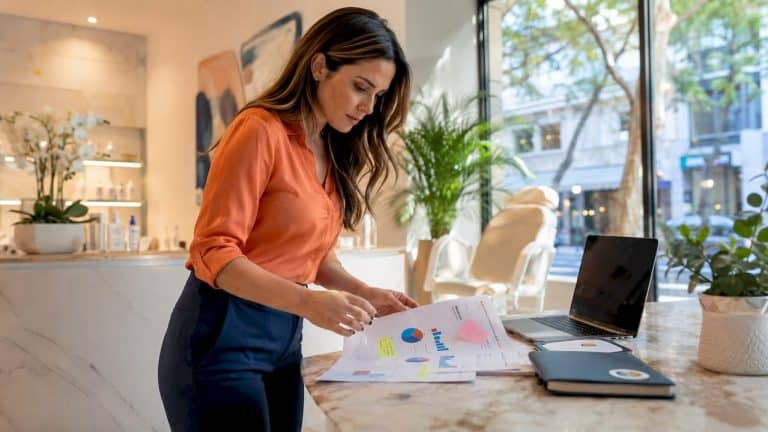 Marketing consultant reviewing SEO report in medical office