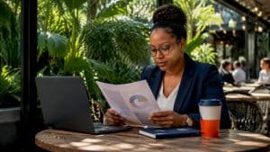 Marketing manager reviewing cannabis clinic strategy