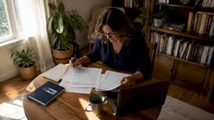 Family counselor reviewing marketing materials in office