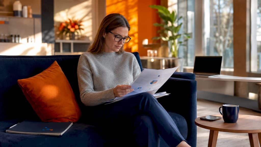 Marketing manager reviewing digital strategy documents