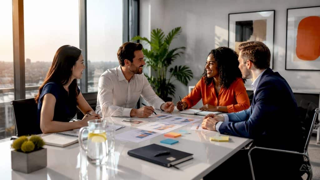 Legal marketing team discussing alternatives at conference table