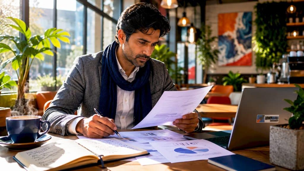 Man reviewing SEO algorithm papers at standing desk