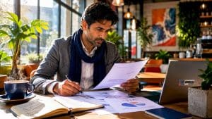 Man reviewing SEO algorithm papers at standing desk