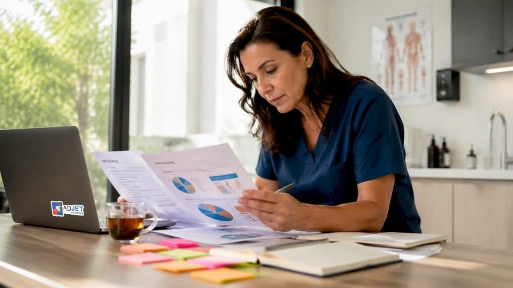 Clinic manager reviewing SEO strategy documents