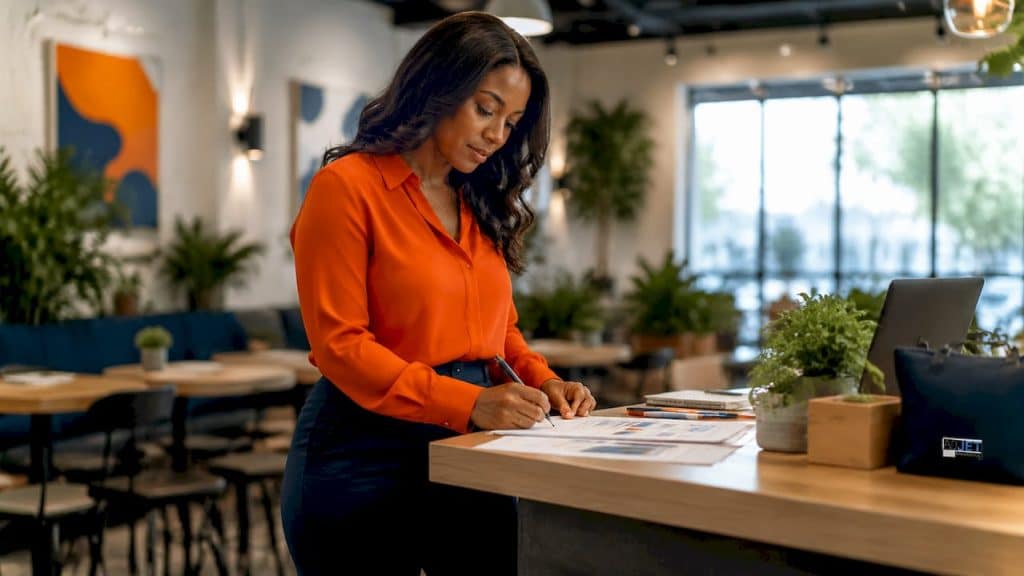 Woman reviewing medical marketing strategy documents