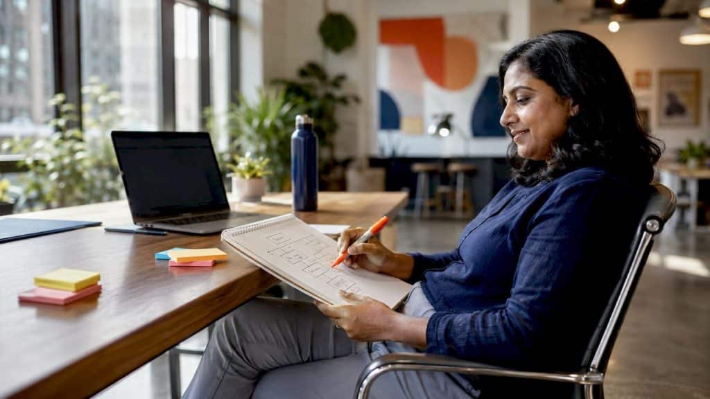 Business owner sketching website sitemap at desk