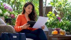 Med spa manager reviewing patient reputation reports