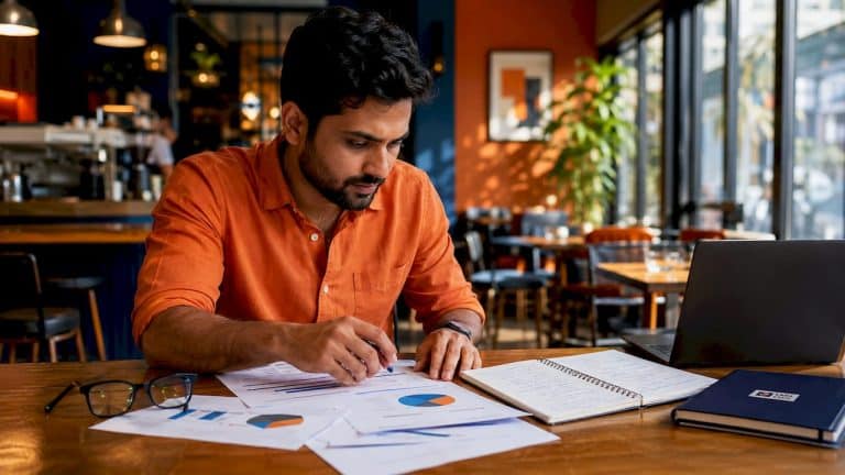 Marketing analyst reviewing SEO strategy documents