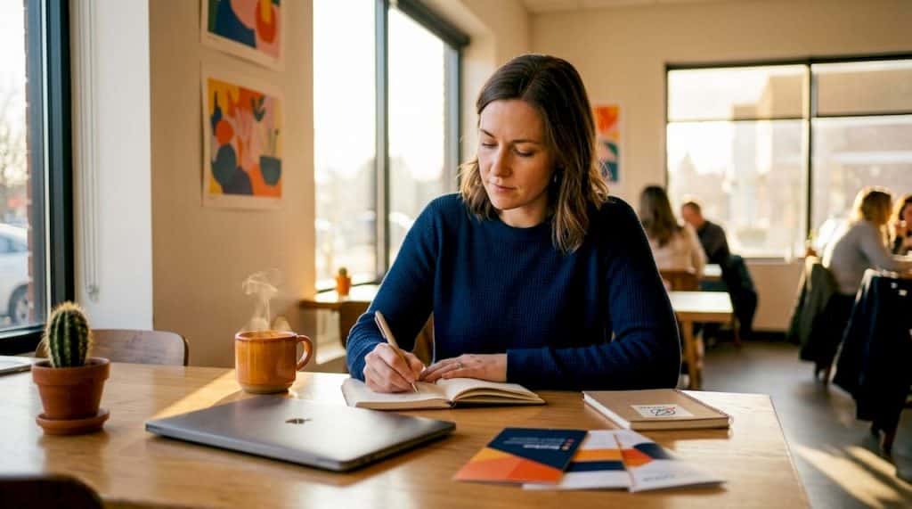 Counselor planning content at home office desk