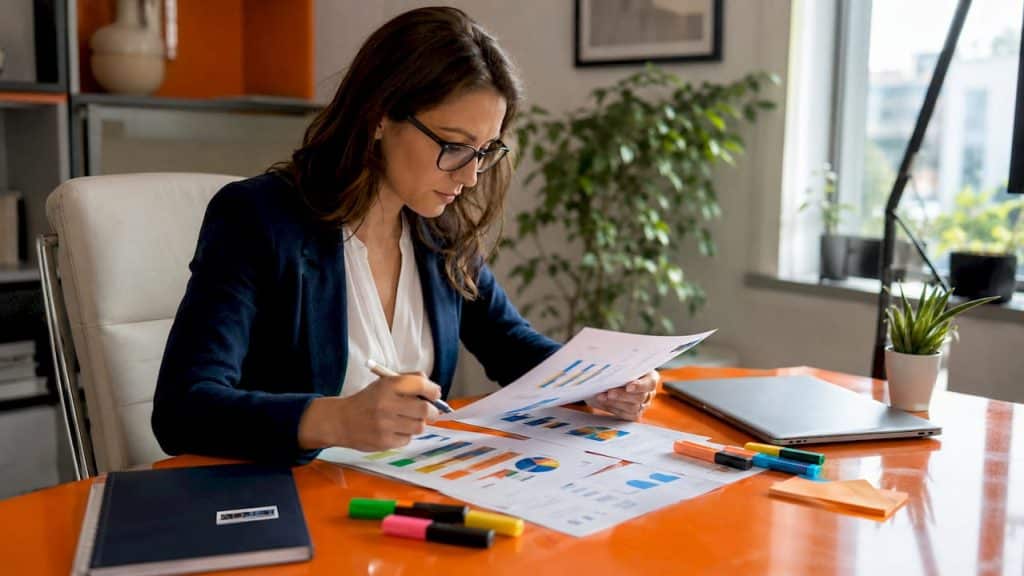 Real estate agent reviewing PPC reports at desk