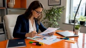 Real estate agent reviewing PPC reports at desk