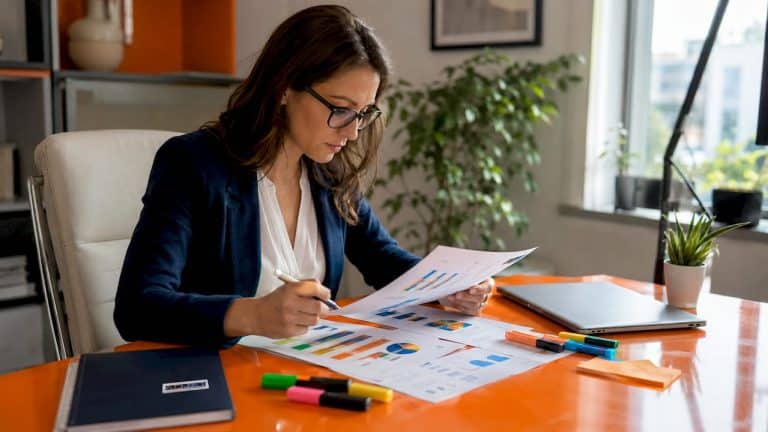 Real estate agent reviewing PPC reports at desk