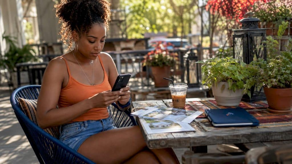 Woman browsing real estate on smartphone at home